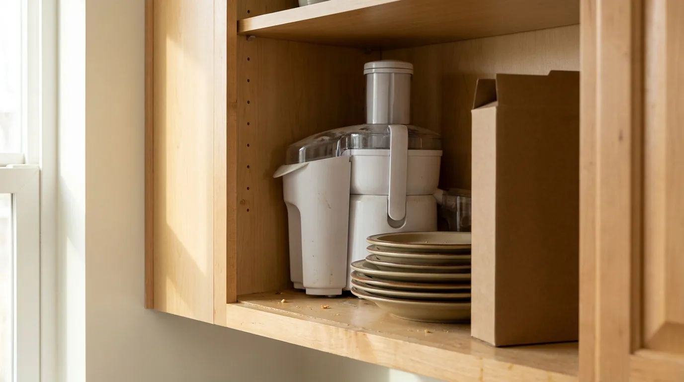 A juicer pushed to the back of a kitchen cabinet, behind a stack of plates